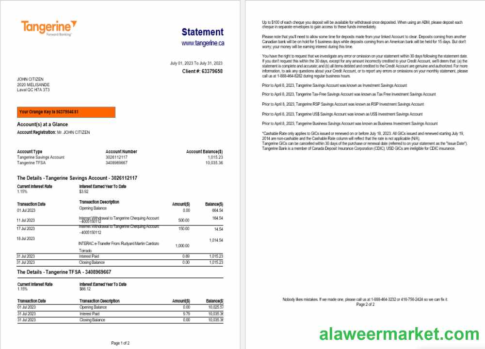 Canada Tangerine bank statement Word and PDF template